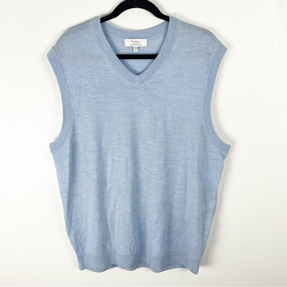 TURNBURY 100% Extra Fine Merino Wool Light Blue V-Neck Sweater Vest Large Preppy